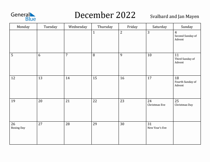 December 2022 Calendar Svalbard and Jan Mayen