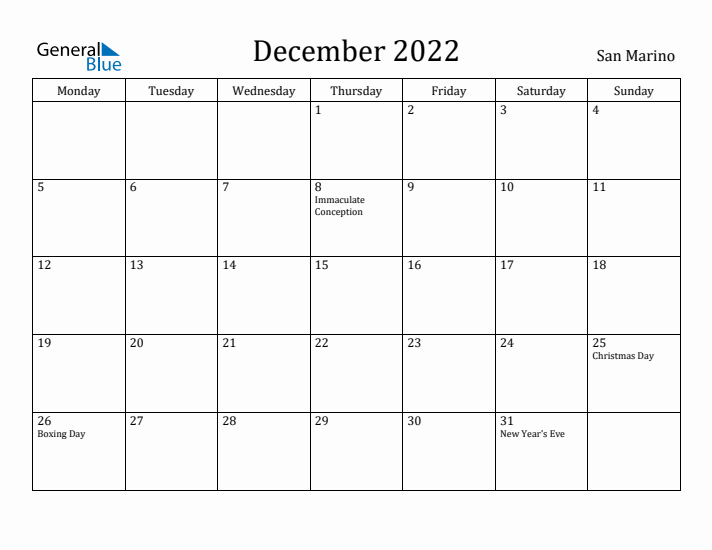 December 2022 Calendar San Marino