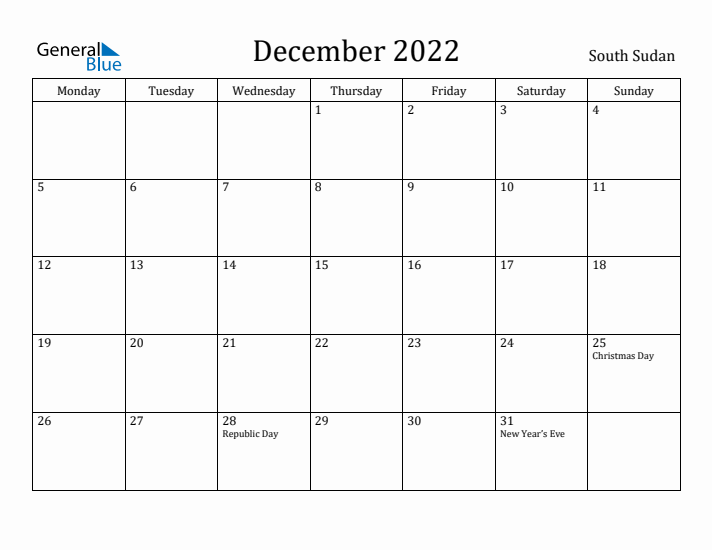 December 2022 Calendar South Sudan