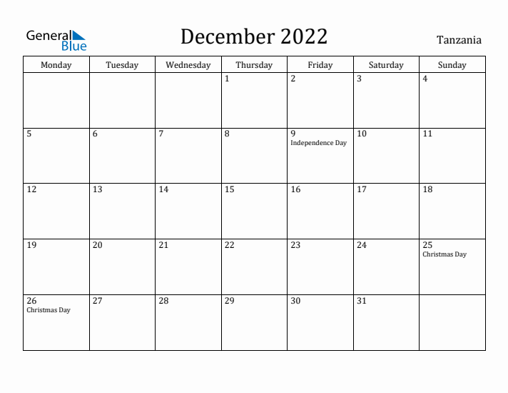 December 2022 Calendar Tanzania