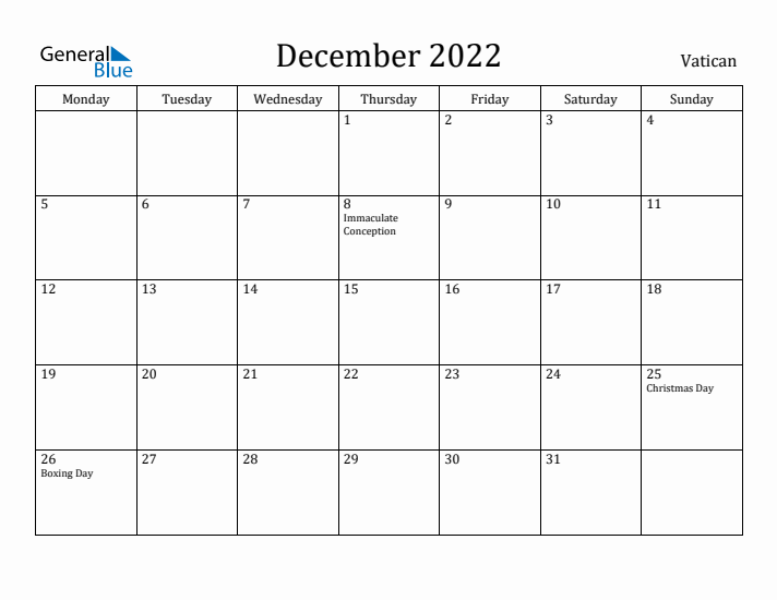 December 2022 Calendar Vatican