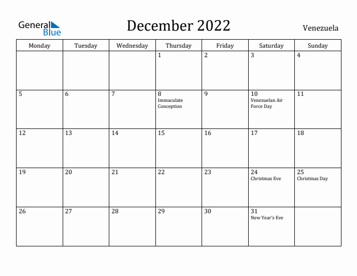 December 2022 Calendar Venezuela