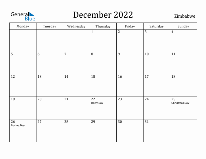 December 2022 Calendar Zimbabwe