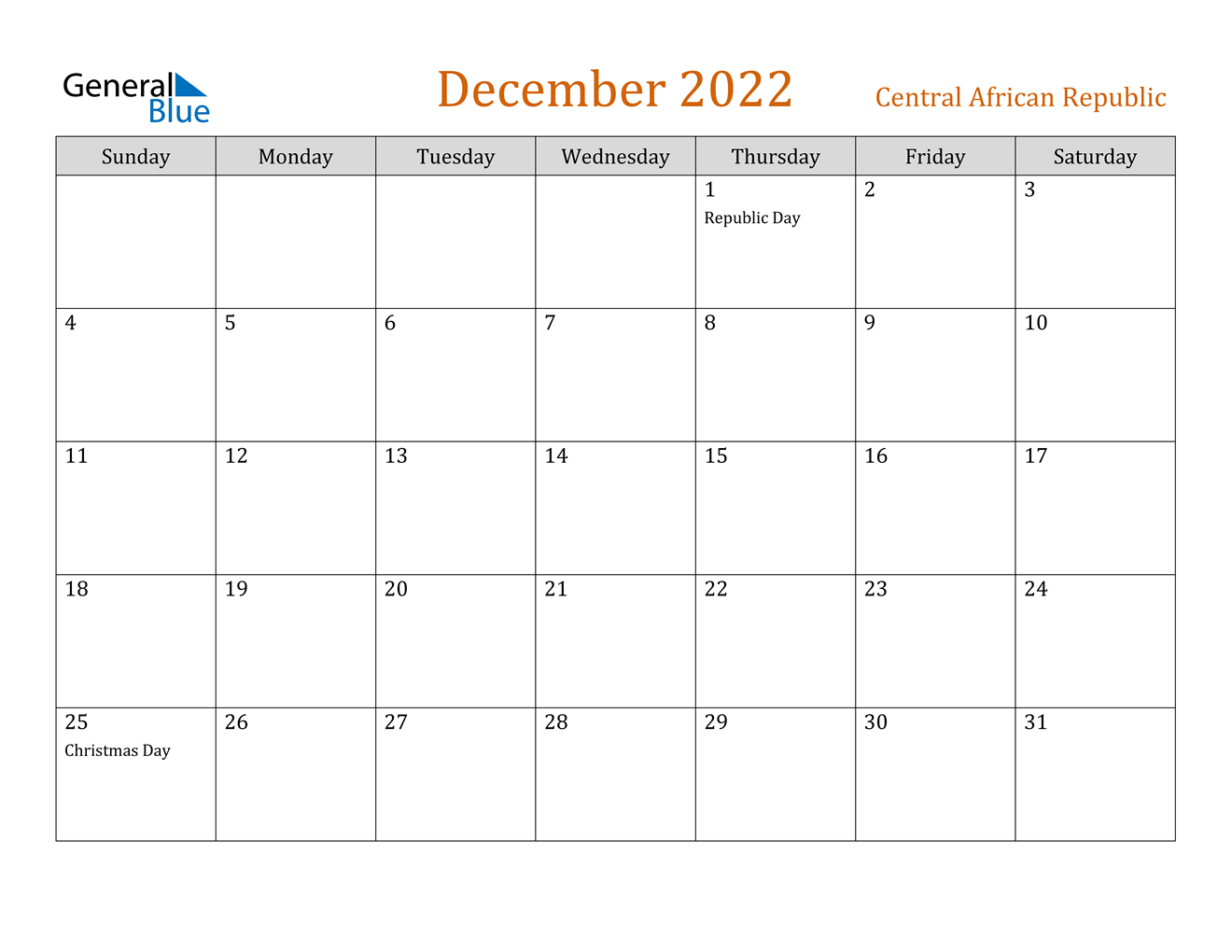 central african republic december 2022 calendar with holidays