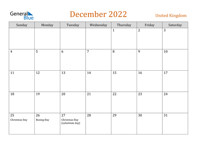 United Kingdom December 2022 Calendar With Holidays