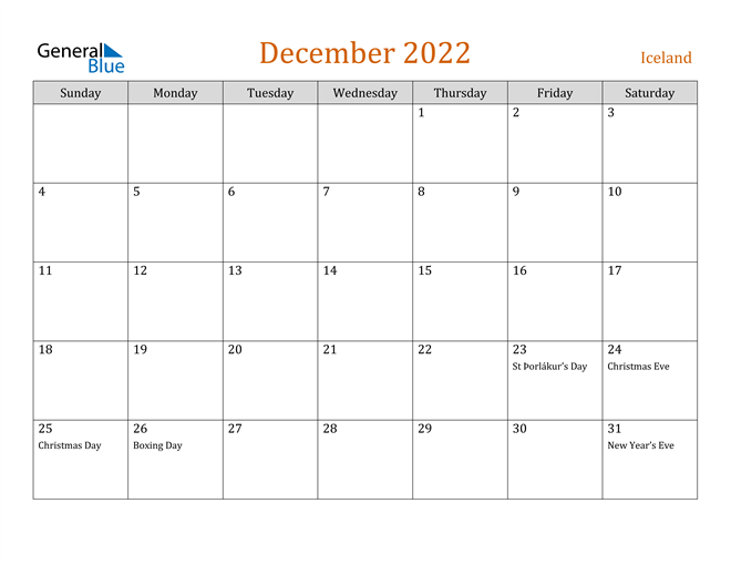 December 2022 Holiday Calendar