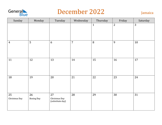 Jamaica December 2022 Calendar With Holidays