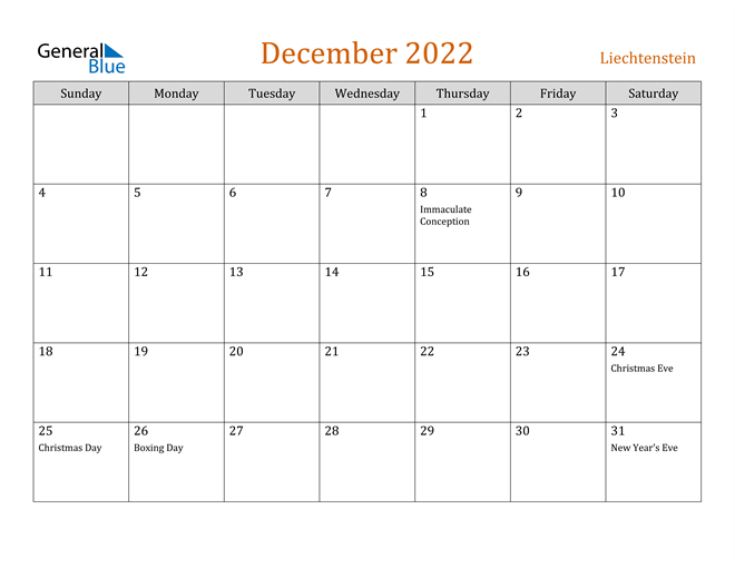 Liechtenstein December 2022 Calendar with Holidays