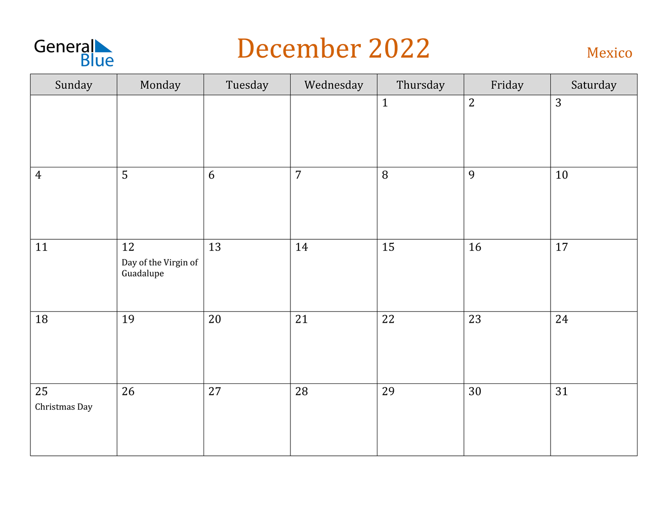 december 2022 calendar mexico