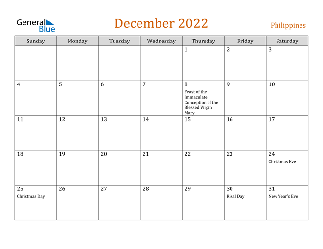 philippines december 2022 calendar with holidays
