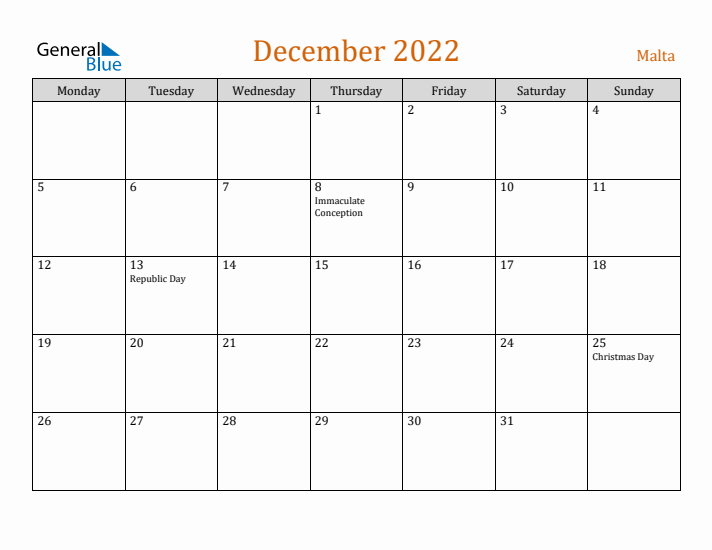December 2022 Holiday Calendar with Monday Start