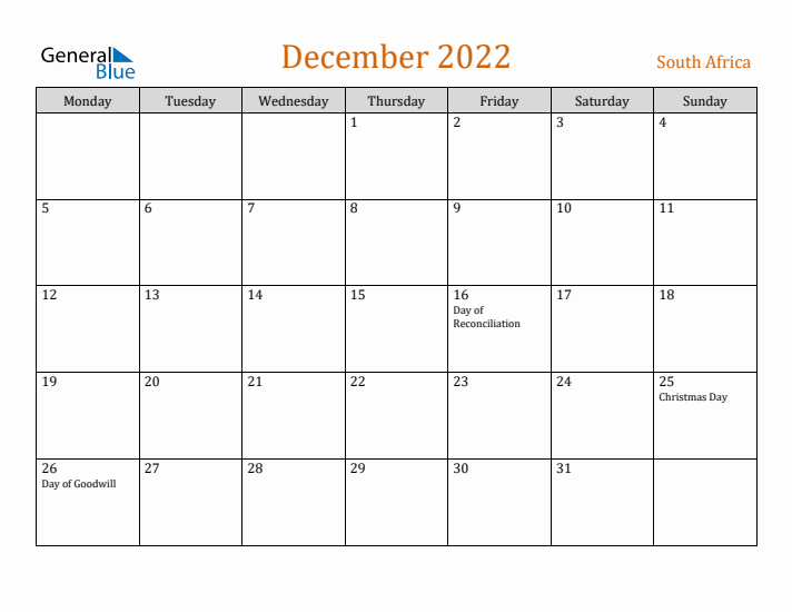 December 2022 Holiday Calendar with Monday Start