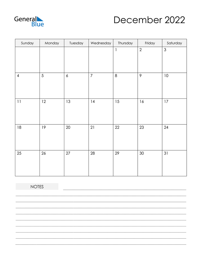  Printable Calendar with Notes - December 2022
