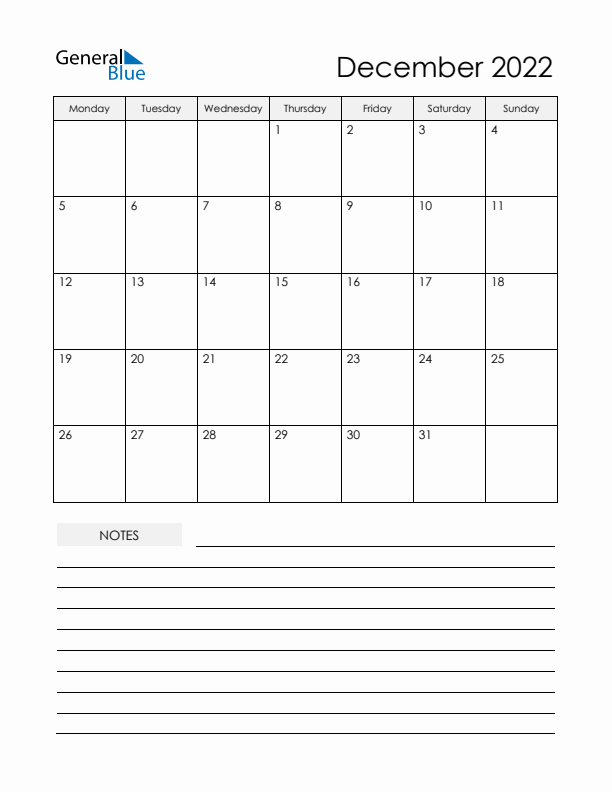 Printable Calendar with Notes - December 2022 