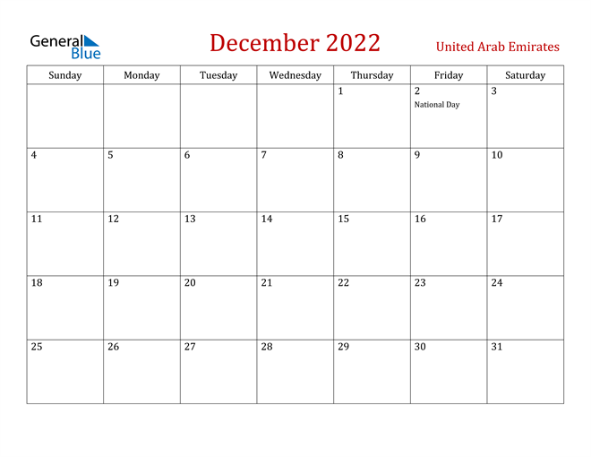 United Arab Emirates December 2022 Calendar