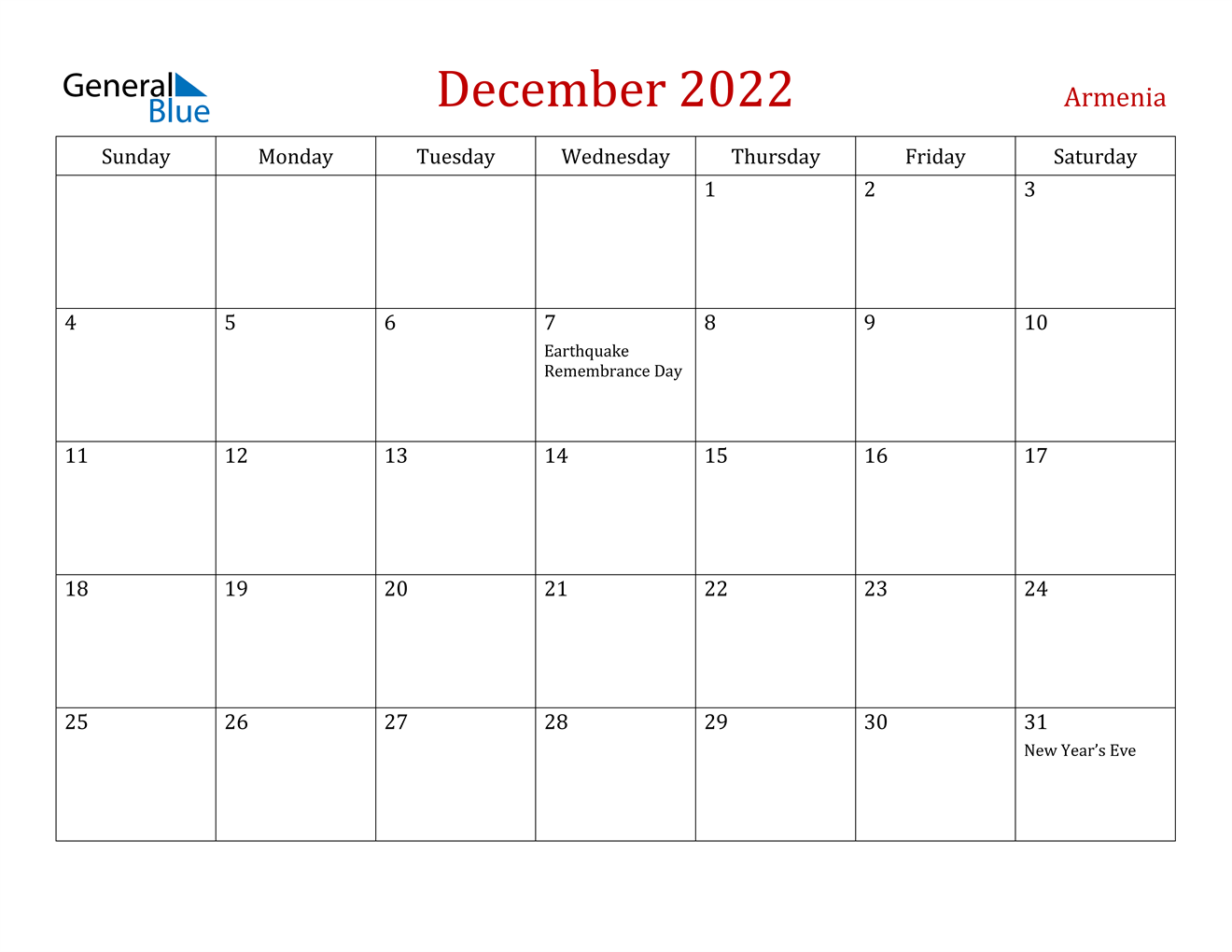 armenia december 2022 calendar with holidays