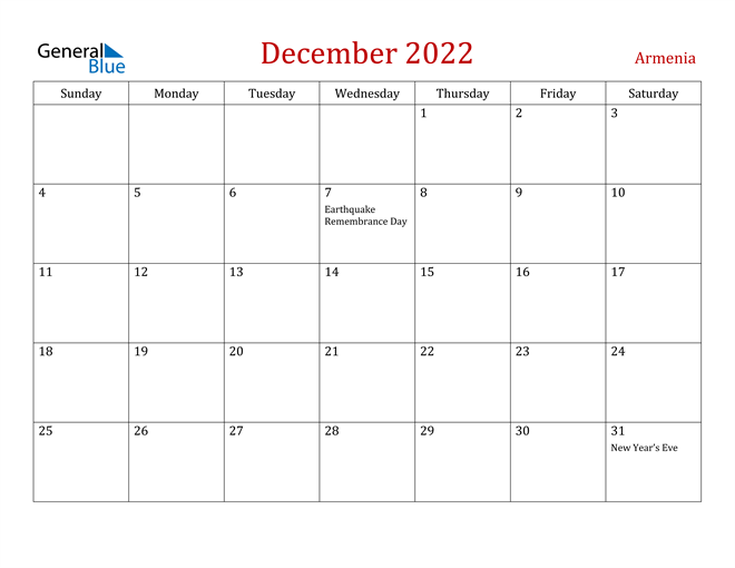 Armenia December 2022 Calendar