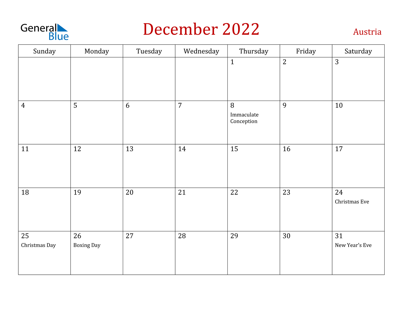  December 2022  Calendar Austria