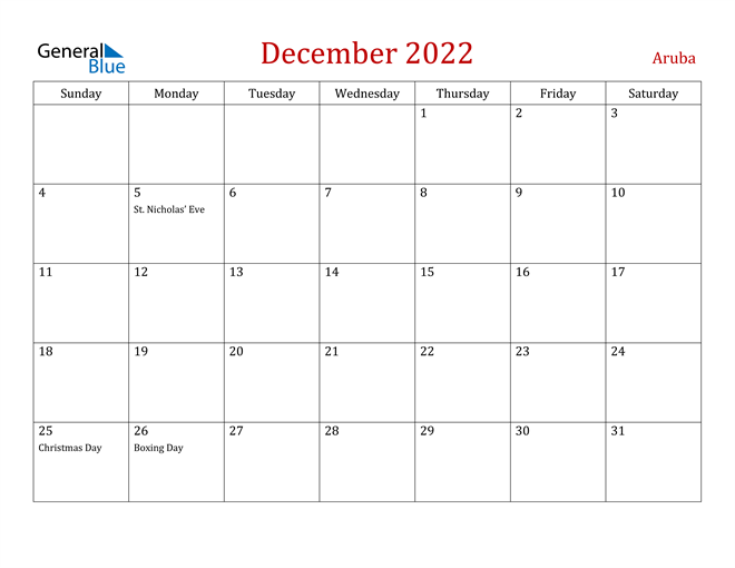 Aruba December 2022 Calendar