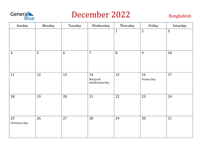 Bangladesh December 2022 Calendar