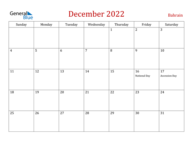 Bahrain December 2022 Calendar