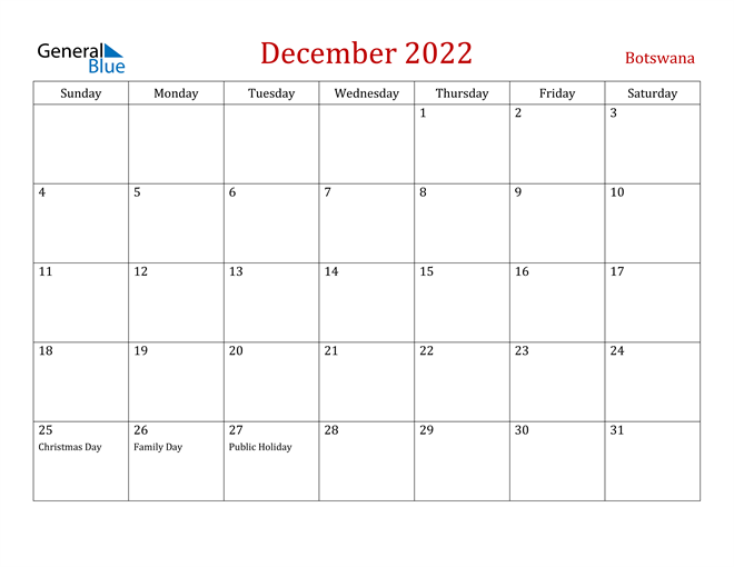 Botswana December 2022 Calendar
