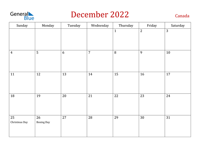 Canada December 2022 Calendar