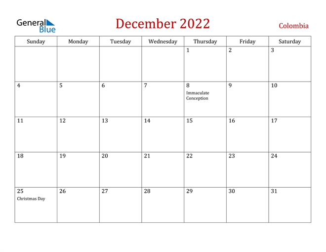 Colombia December 2022 Calendar
