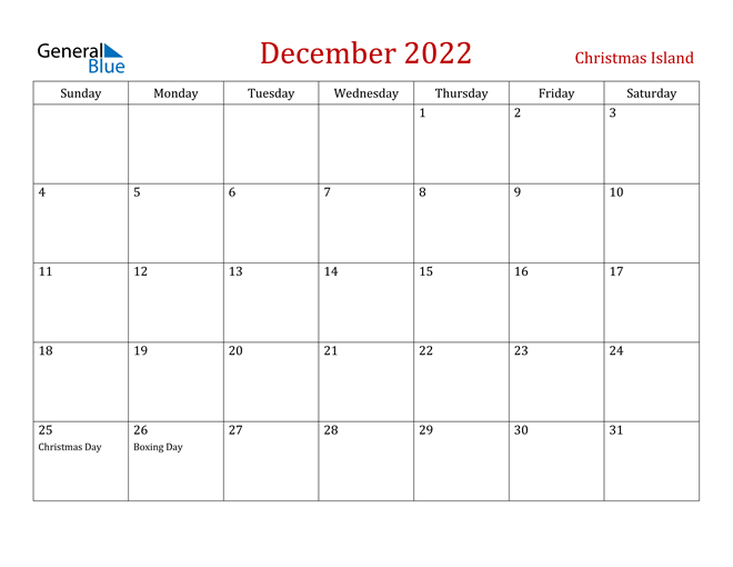 Christmas Island December 2022 Calendar