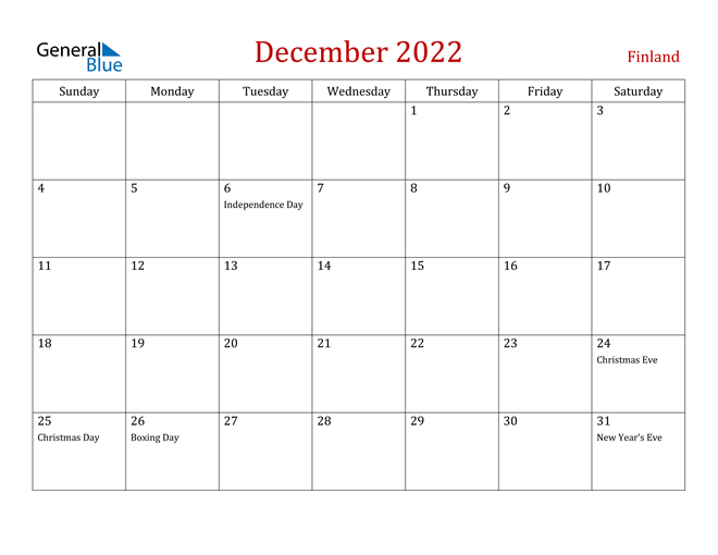 Finland December 2022 Calendar