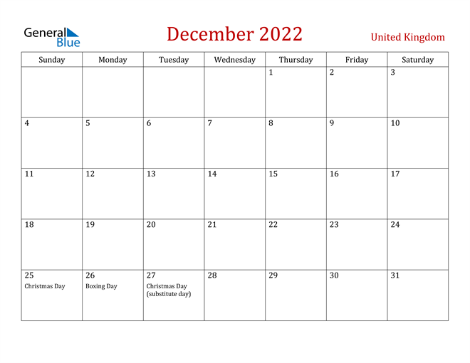 Free Printable December 2022 Calendar With Holidays United Kingdom December 2022 Calendar With Holidays