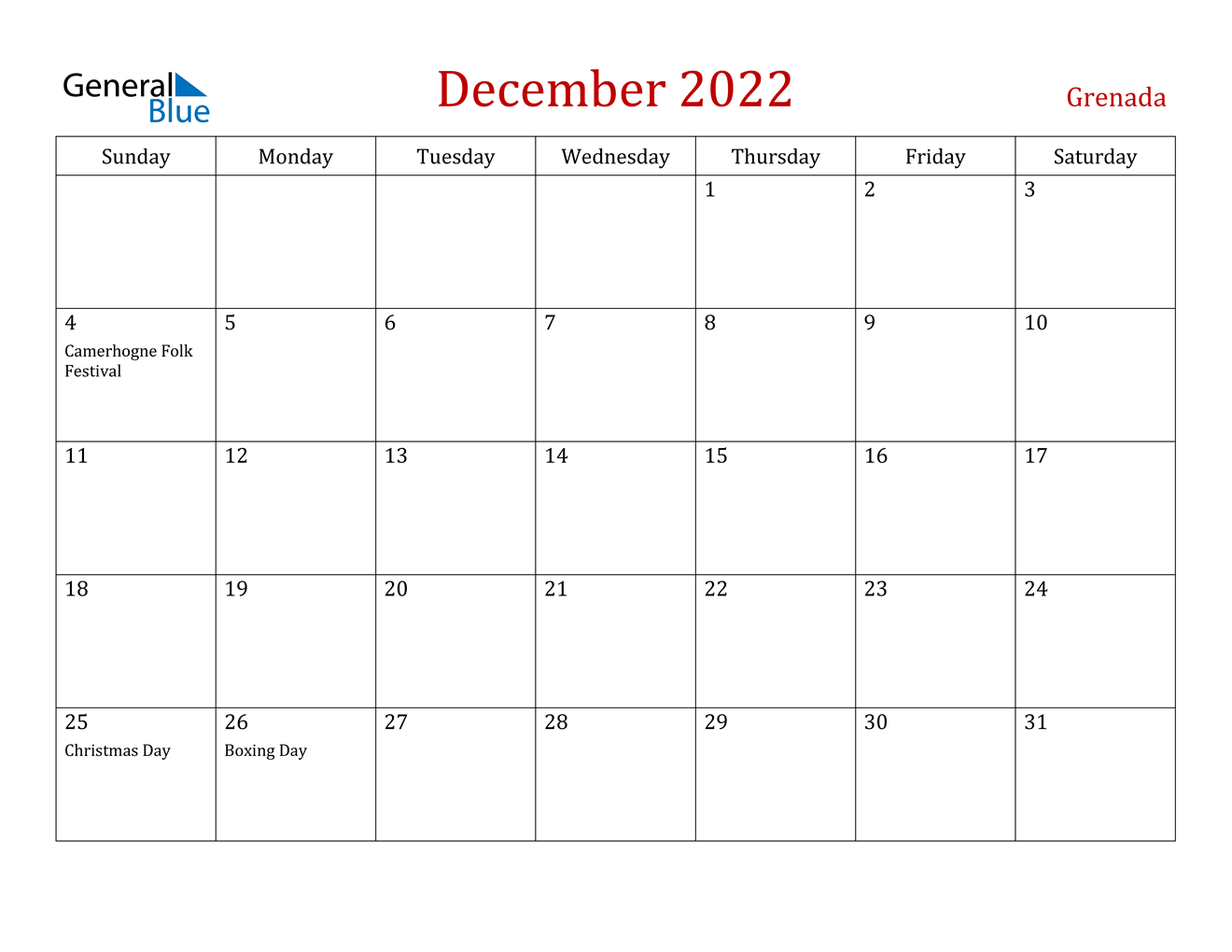 Day Calendar 2022 December