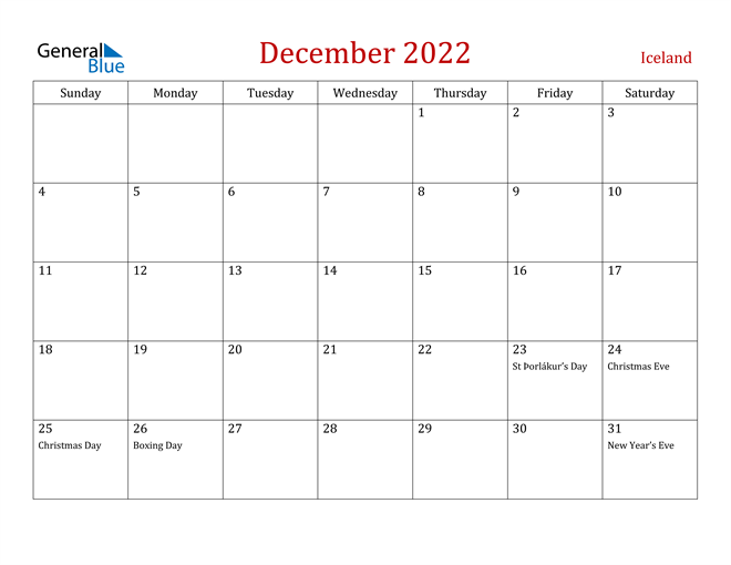 Iceland December 2022 Calendar