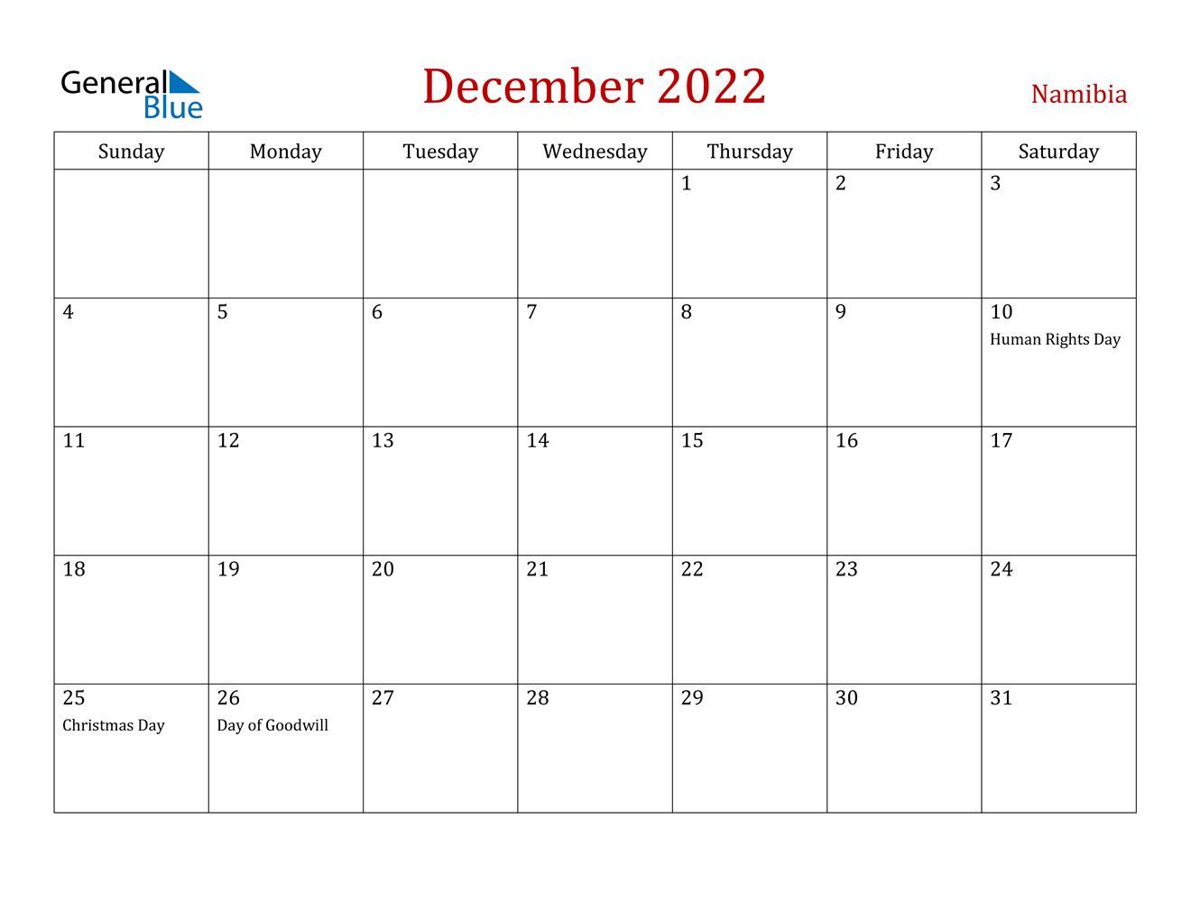 december 2022 calendar namibia