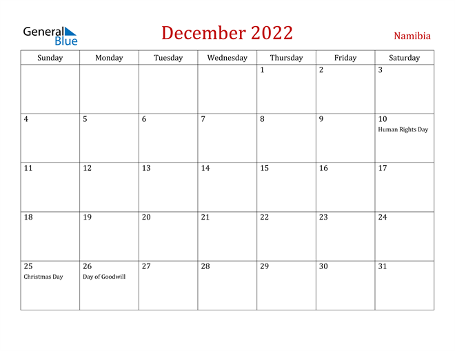 Namibia December 2022 Calendar