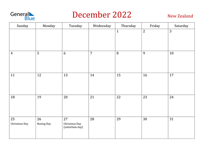 New Zealand December 2022 Calendar