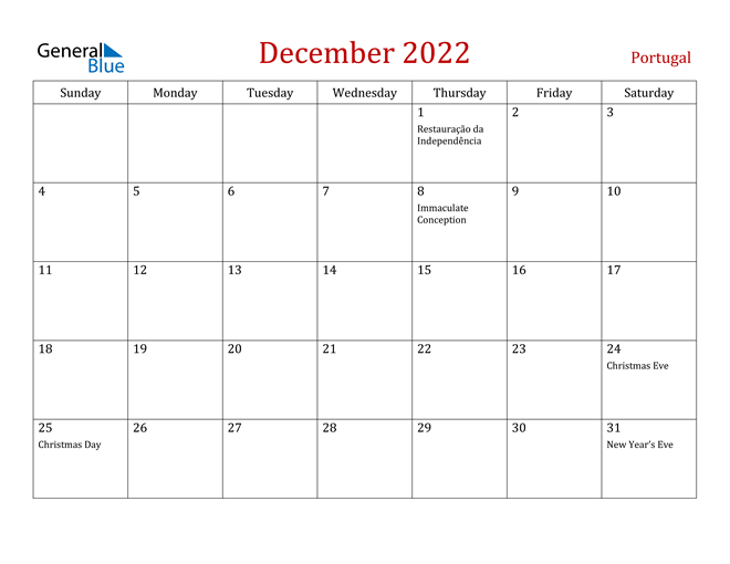 Portugal December 2022 Calendar