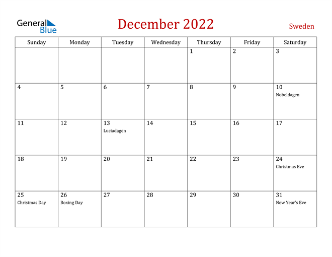 Sweden December 2022 Calendar