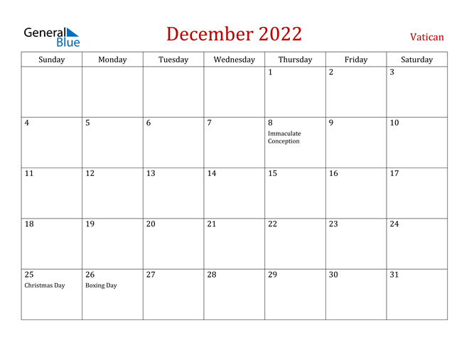 Vatican December 2022 Calendar