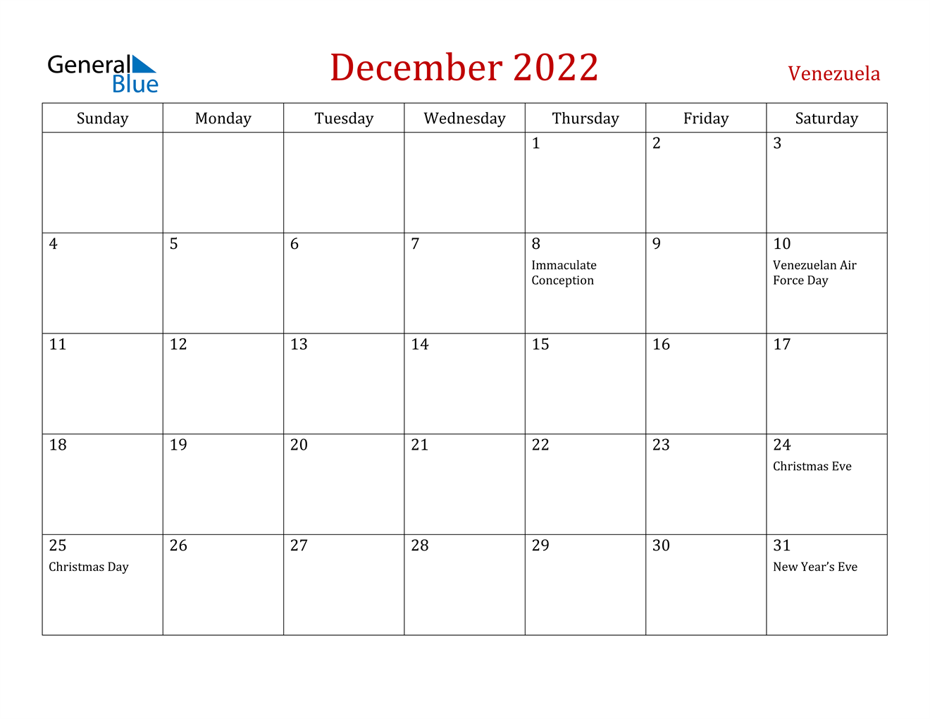 december 2022 calendar venezuela