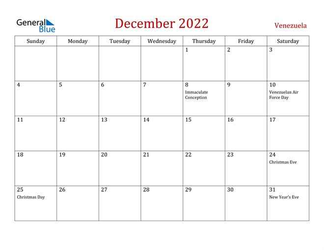 Venezuela December 2022 Calendar