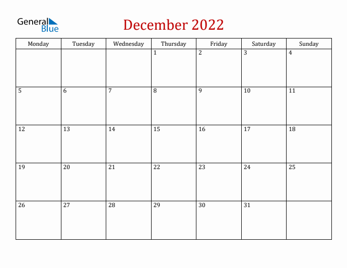 Blank December 2022 Calendar with Monday Start