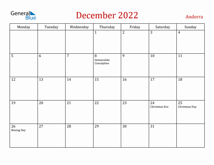 Andorra December 2022 Calendar - Monday Start