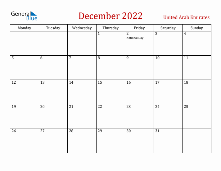 United Arab Emirates December 2022 Calendar - Monday Start