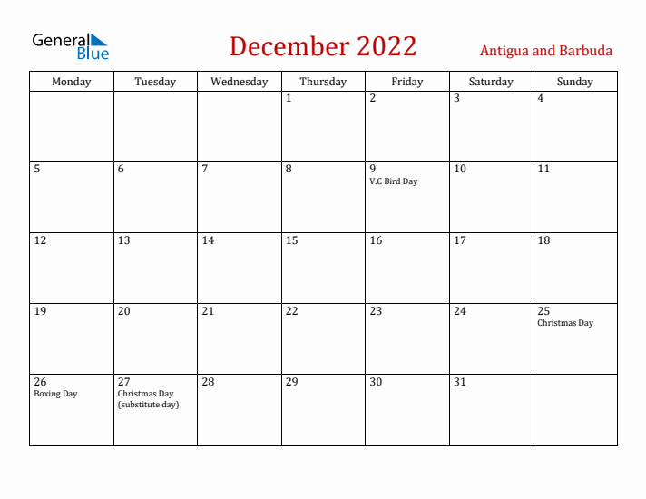 Antigua and Barbuda December 2022 Calendar - Monday Start