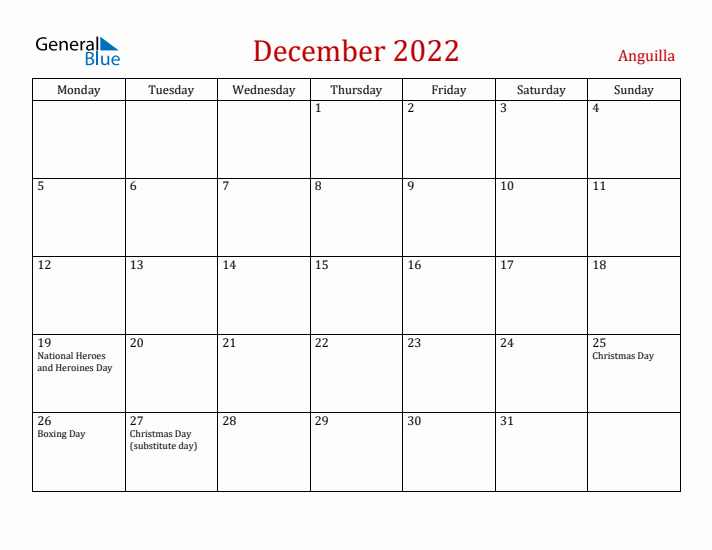 Anguilla December 2022 Calendar - Monday Start