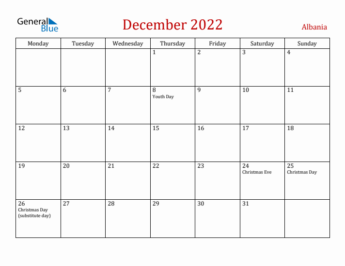 Albania December 2022 Calendar - Monday Start