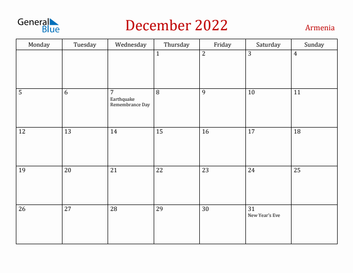 Armenia December 2022 Calendar - Monday Start