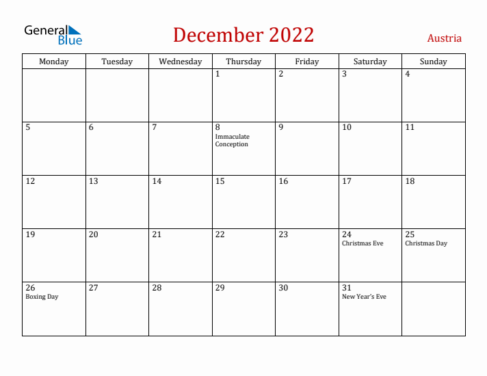 Austria December 2022 Calendar - Monday Start