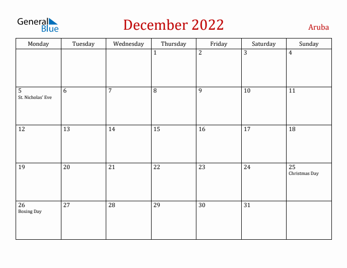 Aruba December 2022 Calendar - Monday Start